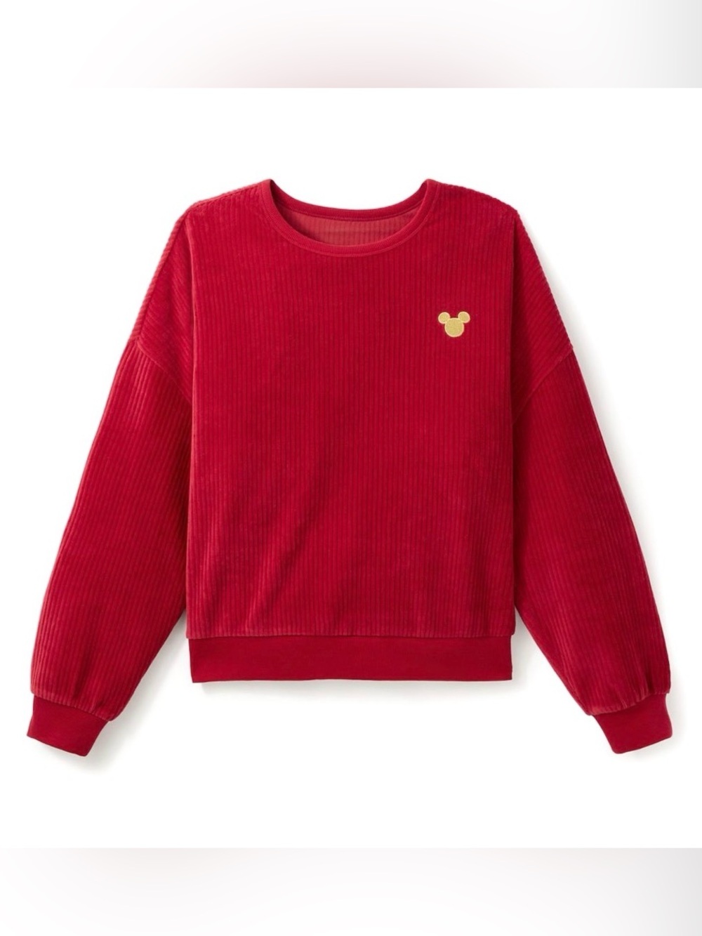 Disney Mickey Mouse Icon Holiday Haven Red Velour Corduroy Crewneck Sweatshirt